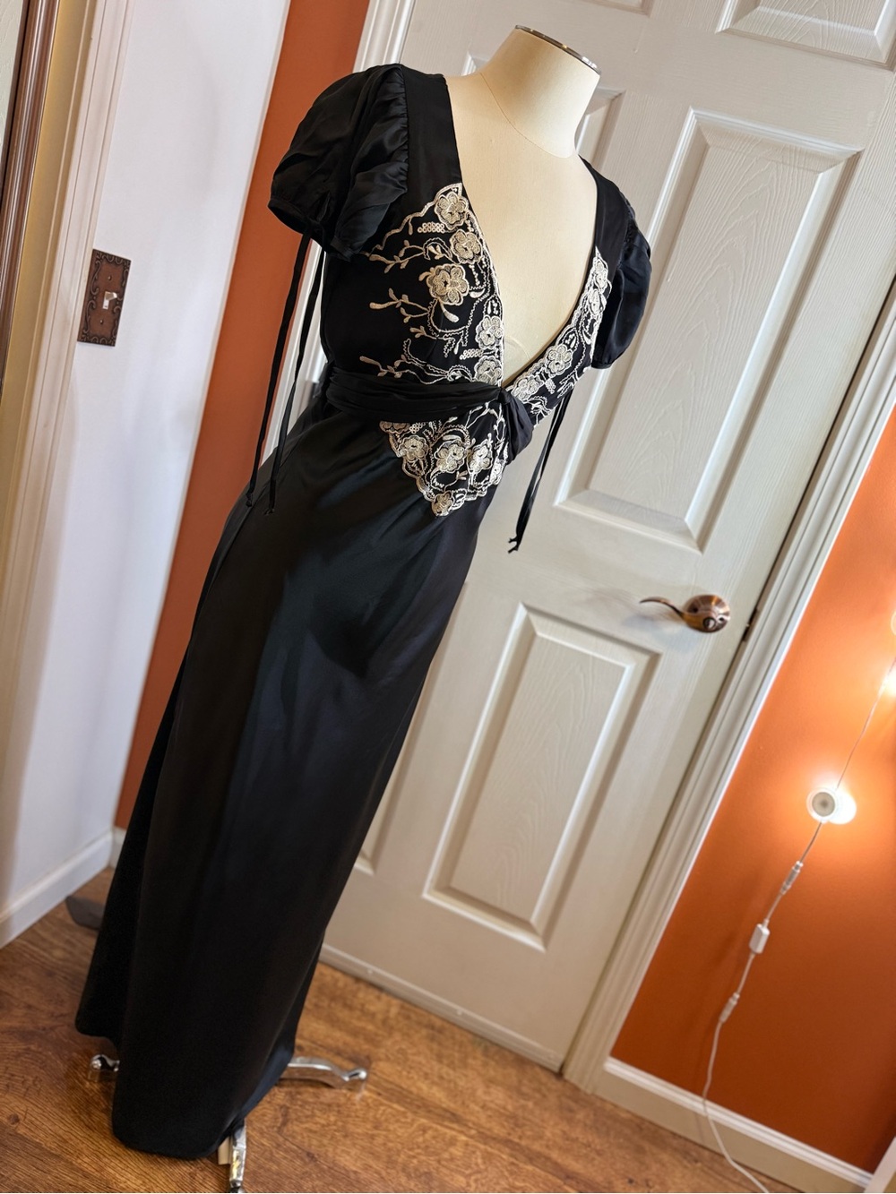 Free People Black Maxi Dress with Cream Floral Embroidery